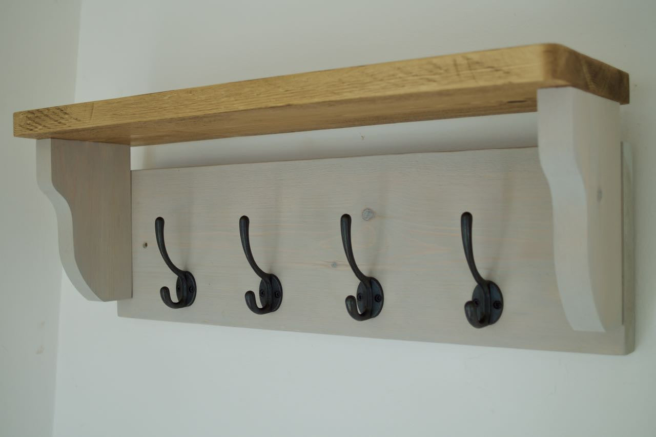 Paris Grey Farmhouse Style Hat / Coat Rack Complete With Shelf and 4 Cast Iron Hooks