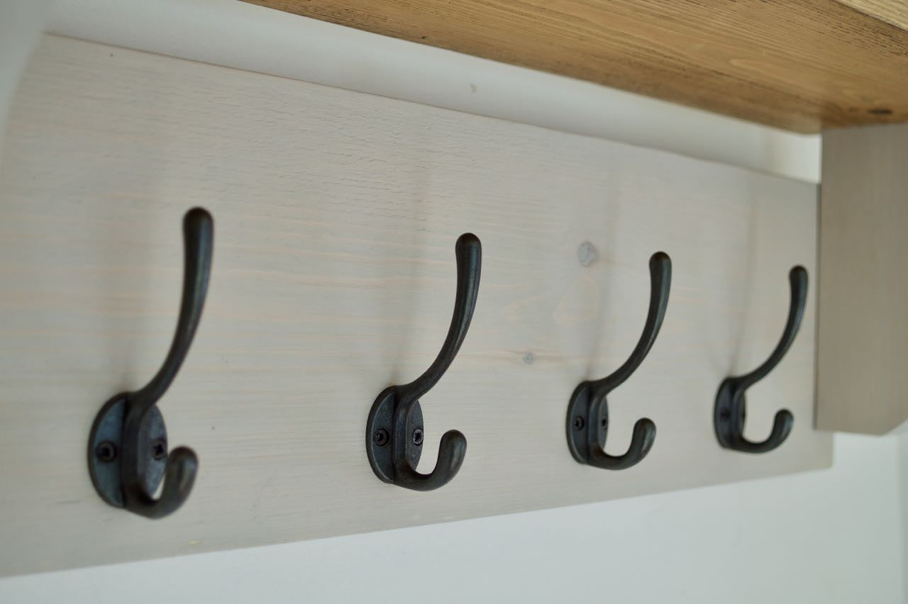Paris Grey Farmhouse Style Hat / Coat Rack Complete With Shelf and 4 Cast Iron Hooks