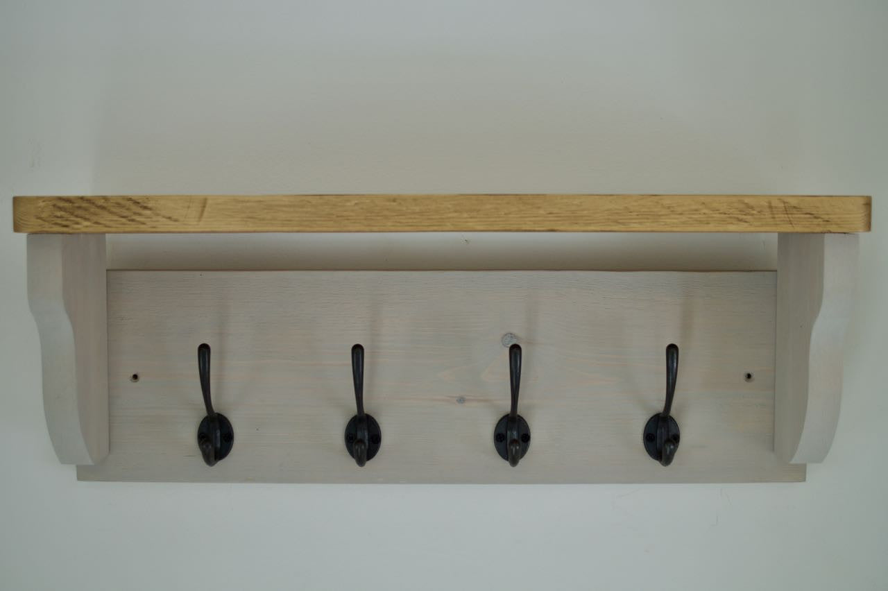 Paris Grey Farmhouse Style Hat / Coat Rack Complete With Shelf and 4 Cast Iron Hooks