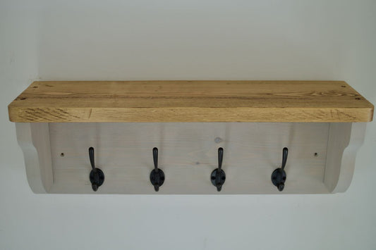 Paris Grey Farmhouse Style Hat / Coat Rack Complete With Shelf and 4 Cast Iron Hooks