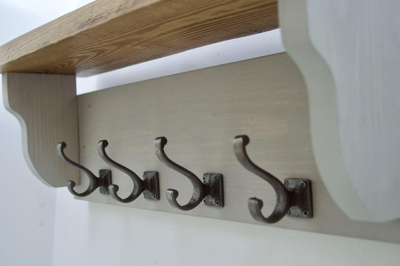 Farmhouse Style  Hat / Coat Rack Complete With Shelf and 4 Stylish Antique Cast Iron Hooks