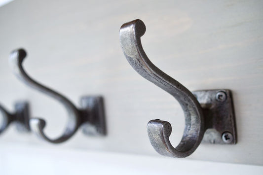 Farmhouse Style  Hat / Coat Rack Complete With Shelf and 4 Stylish Antique Cast Iron Hooks