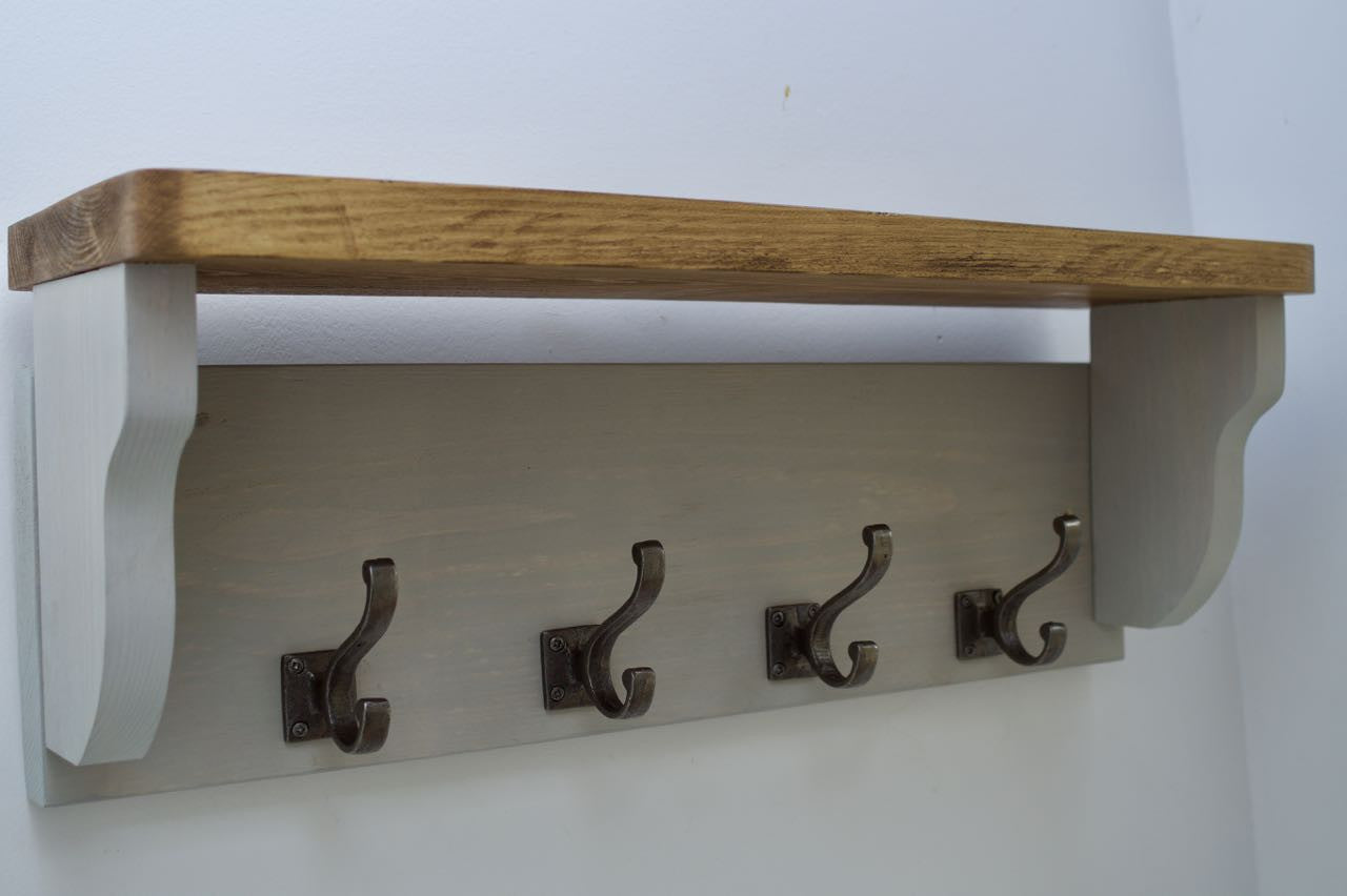Farmhouse Style  Hat / Coat Rack Complete With Shelf and 4 Stylish Antique Cast Iron Hooks