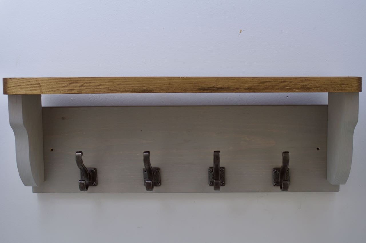 Farmhouse Style  Hat / Coat Rack Complete With Shelf and 4 Stylish Antique Cast Iron Hooks