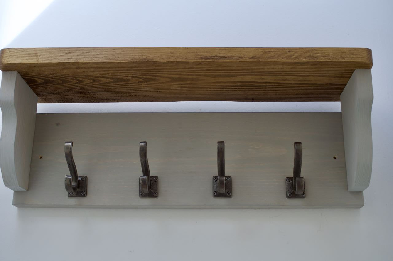 Farmhouse Style  Hat / Coat Rack Complete With Shelf and 4 Stylish Antique Cast Iron Hooks