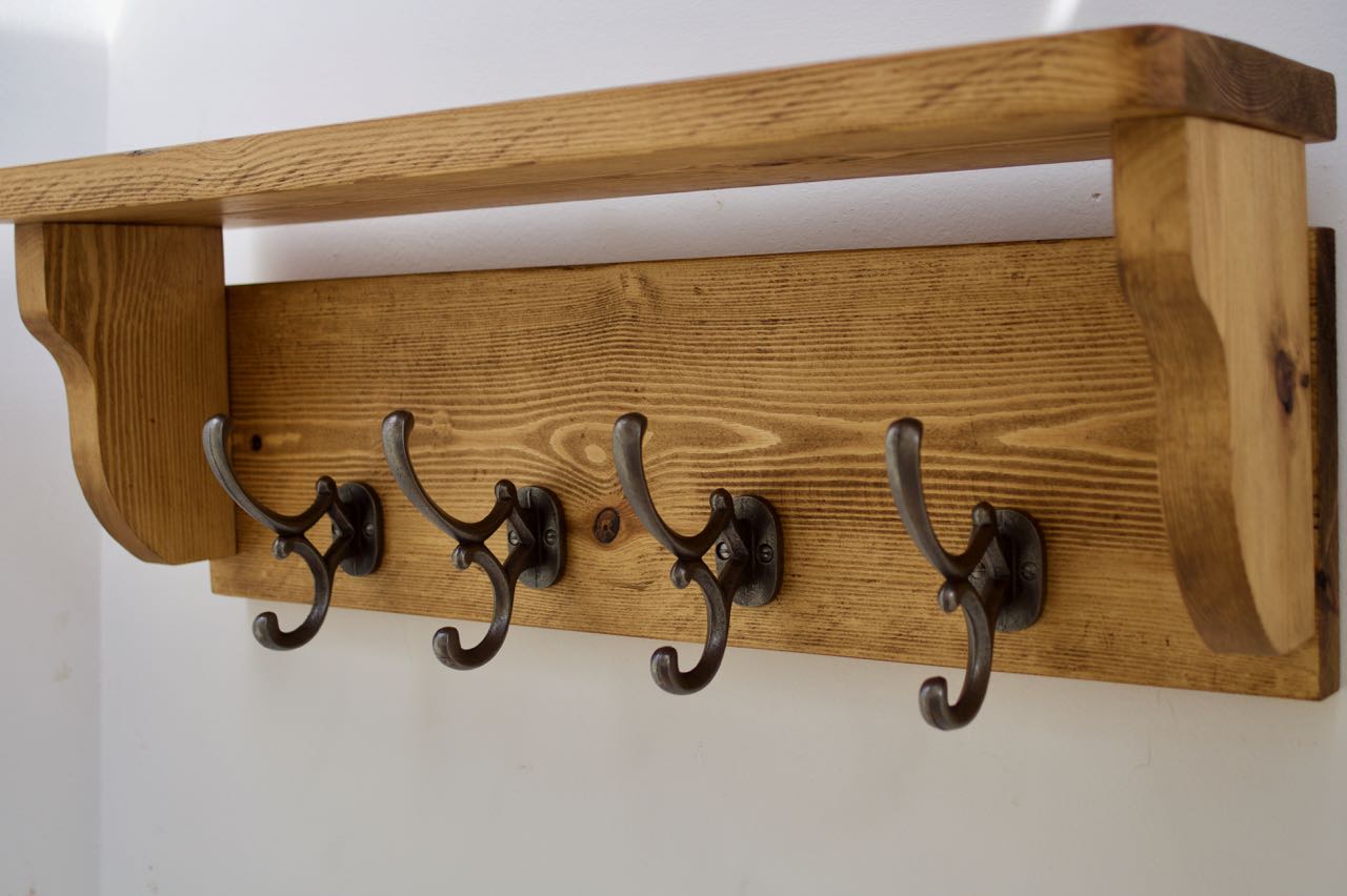 Farmhouse Coat / Hat Rack with 4 Antique Addison Hooks And Shelf