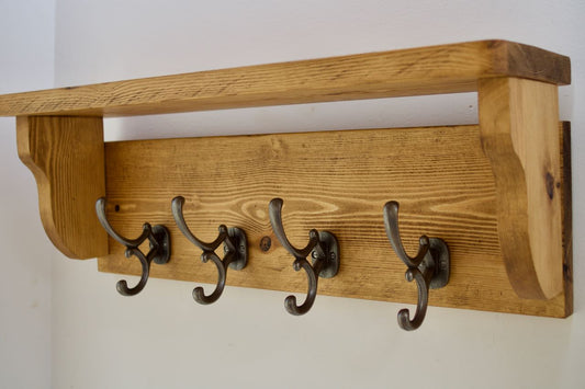 Farmhouse Coat / Hat Rack with 4 Antique Addison Hooks And Shelf