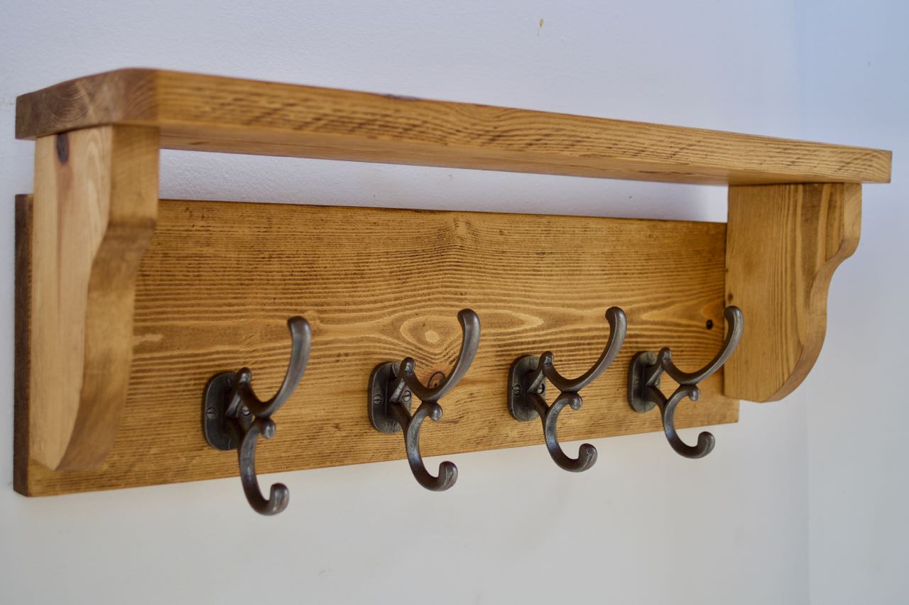 Farmhouse Coat / Hat Rack with 4 Antique Addison Hooks And Shelf