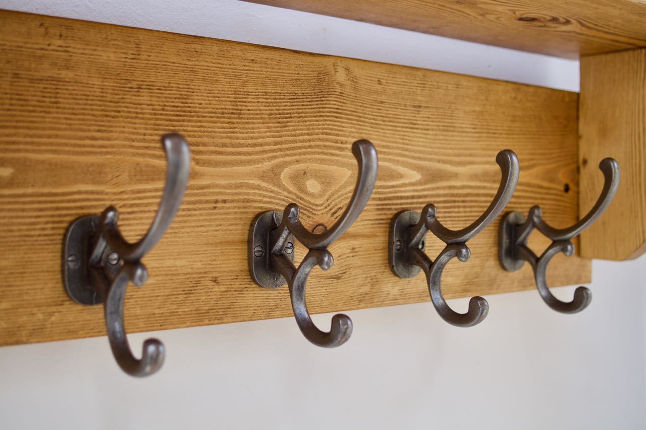 Farmhouse Coat / Hat Rack with 4 Antique Addison Hooks And Shelf