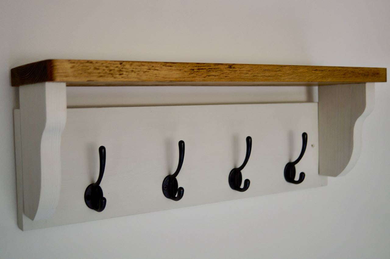 White Farmhouse Style Hat / Coat Rack Complete With Shelf and 4 Cast Iron Hooks
