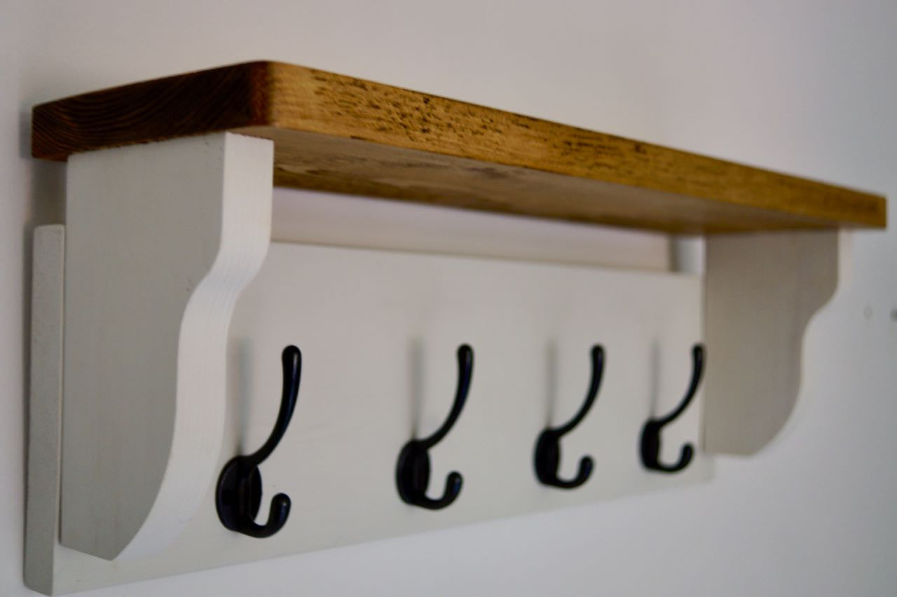 White Farmhouse Style Hat / Coat Rack Complete With Shelf and 4 Cast Iron Hooks
