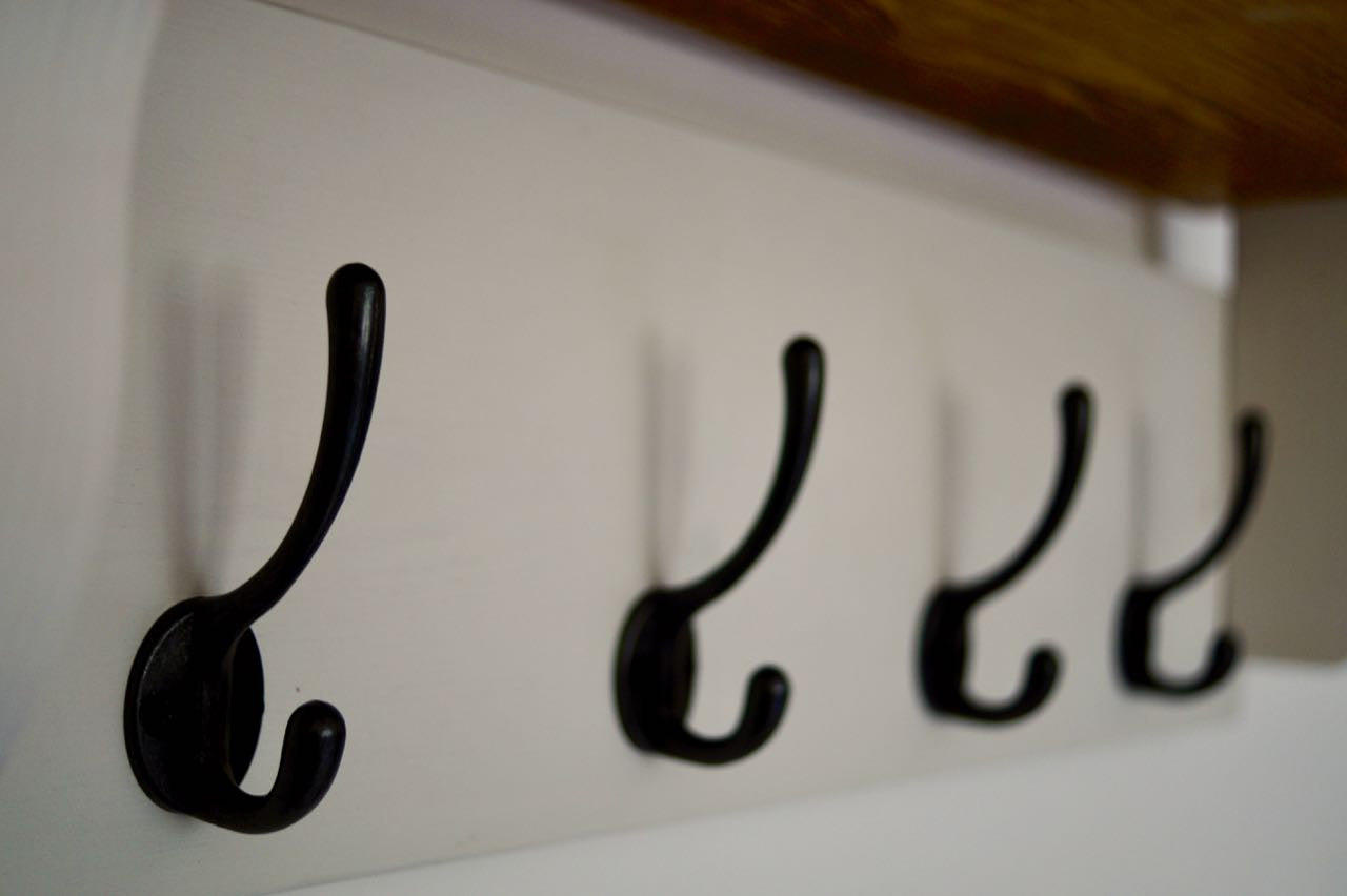 White Farmhouse Style Hat / Coat Rack Complete With Shelf and 4 Cast Iron Hooks