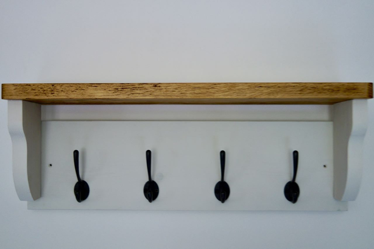 White Farmhouse Style Hat / Coat Rack Complete With Shelf and 4 Cast Iron Hooks