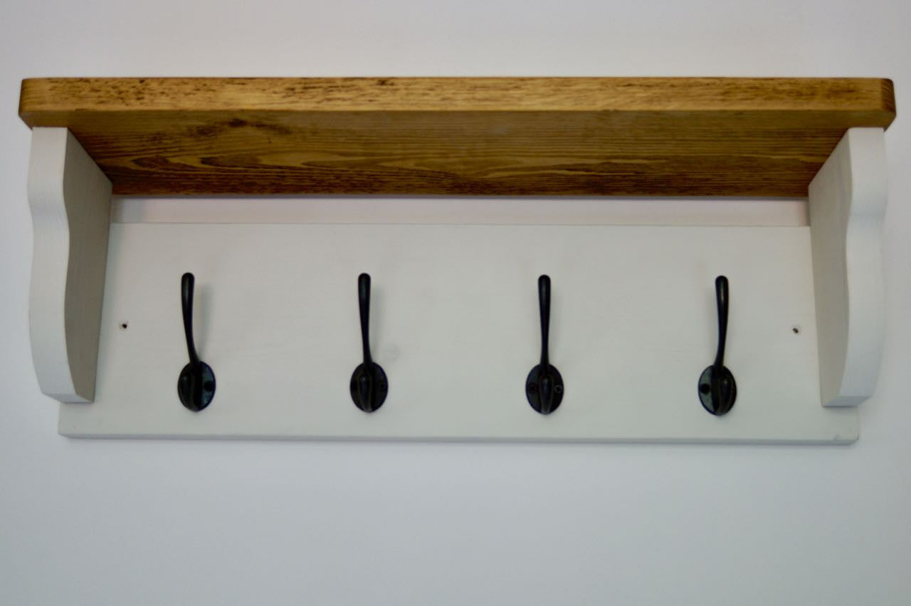 White Farmhouse Style Hat / Coat Rack Complete With Shelf and 4 Cast Iron Hooks