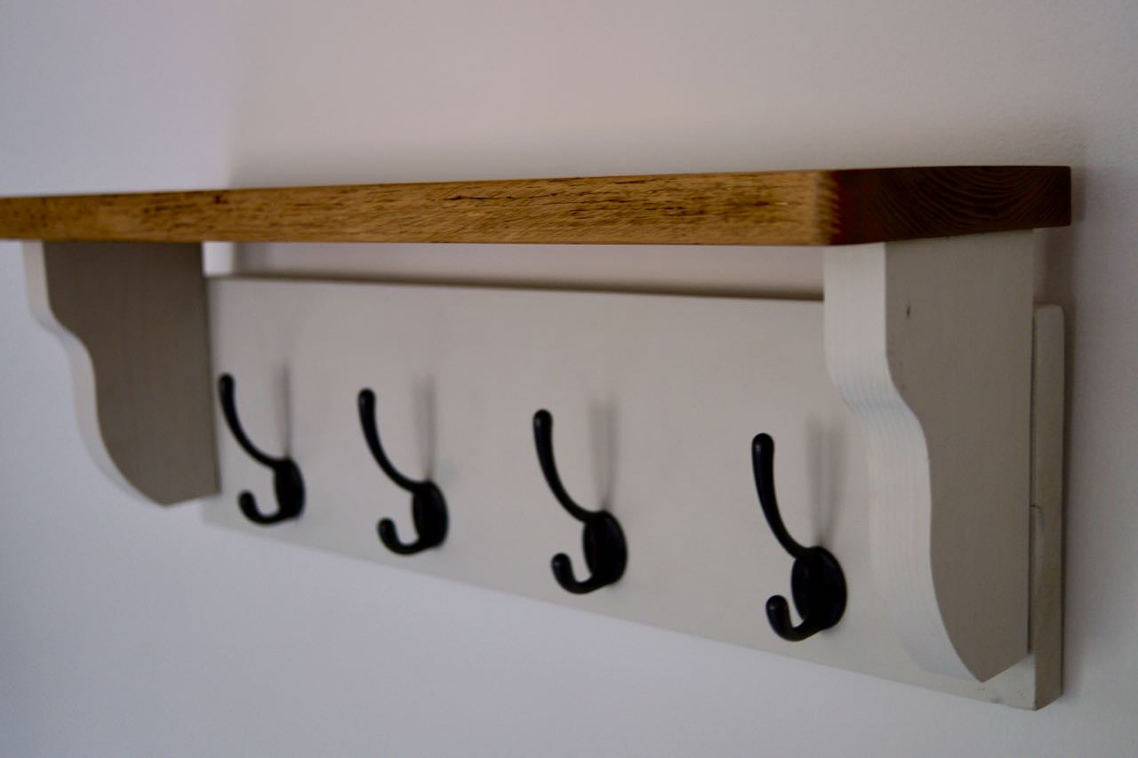 White Farmhouse Style Hat / Coat Rack Complete With Shelf and 4 Cast Iron Hooks
