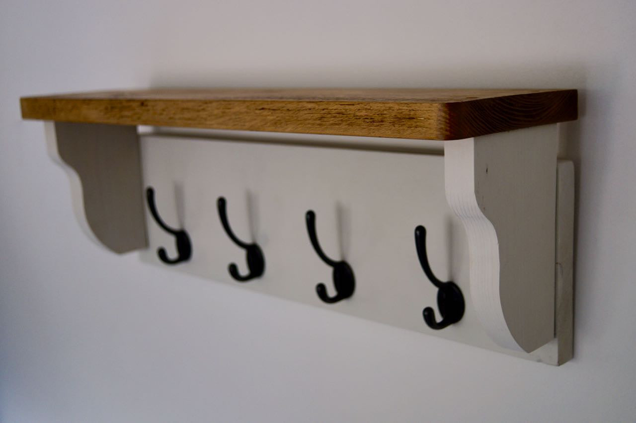 White Farmhouse Style Hat / Coat Rack Complete With Shelf and 4 Cast Iron Hooks