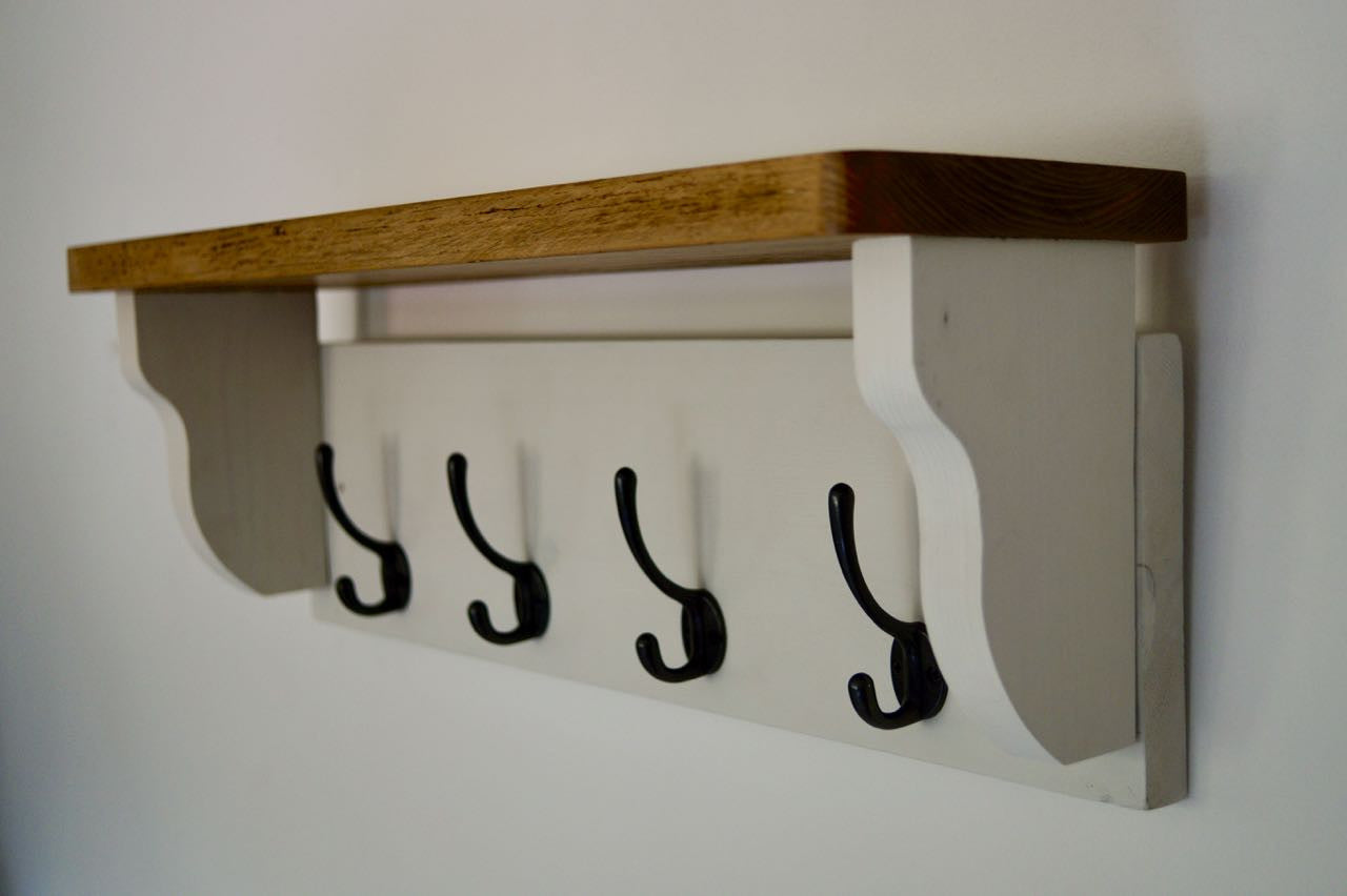 White Farmhouse Style Hat / Coat Rack Complete With Shelf and 4 Cast Iron Hooks