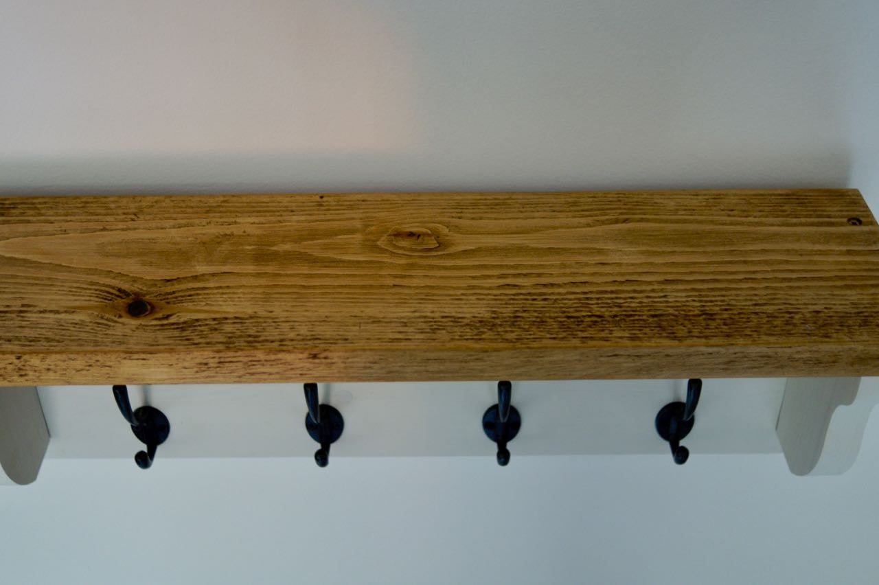 White Farmhouse Style Hat / Coat Rack Complete With Shelf and 4 Cast Iron Hooks