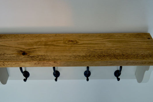 White Farmhouse Style Hat / Coat Rack Complete With Shelf and 4 Cast Iron Hooks