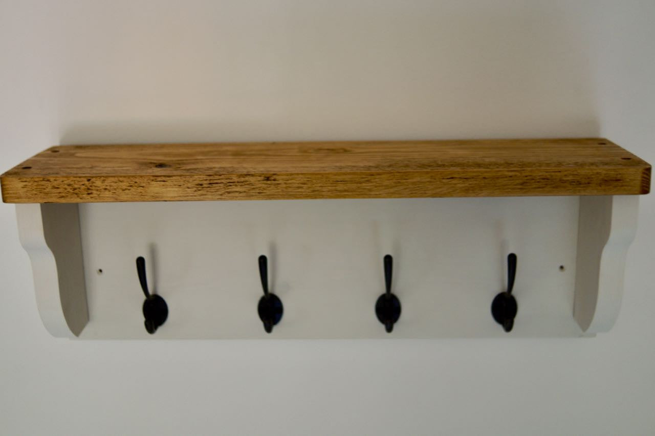 White Farmhouse Style Hat / Coat Rack Complete With Shelf and 4 Cast Iron Hooks