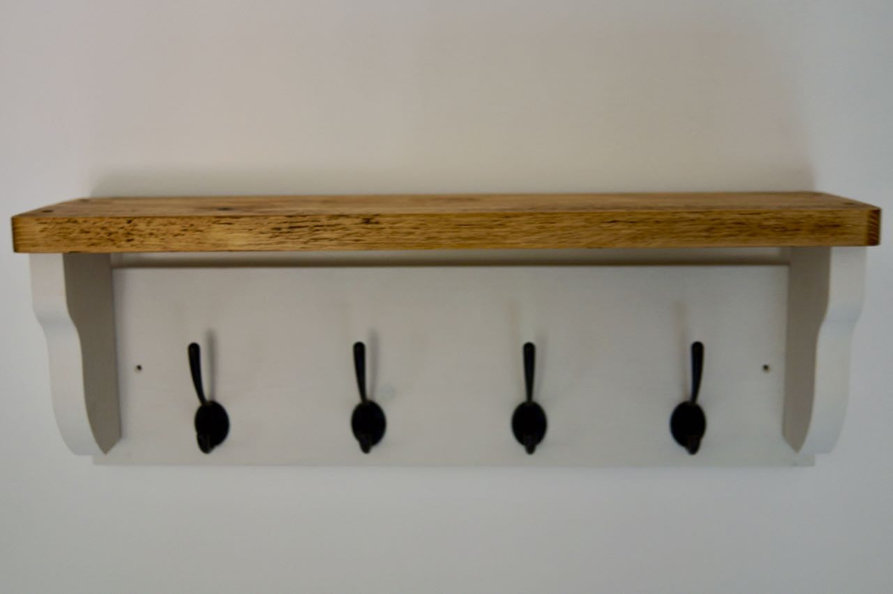 White Farmhouse Style Hat / Coat Rack Complete With Shelf and 4 Cast Iron Hooks
