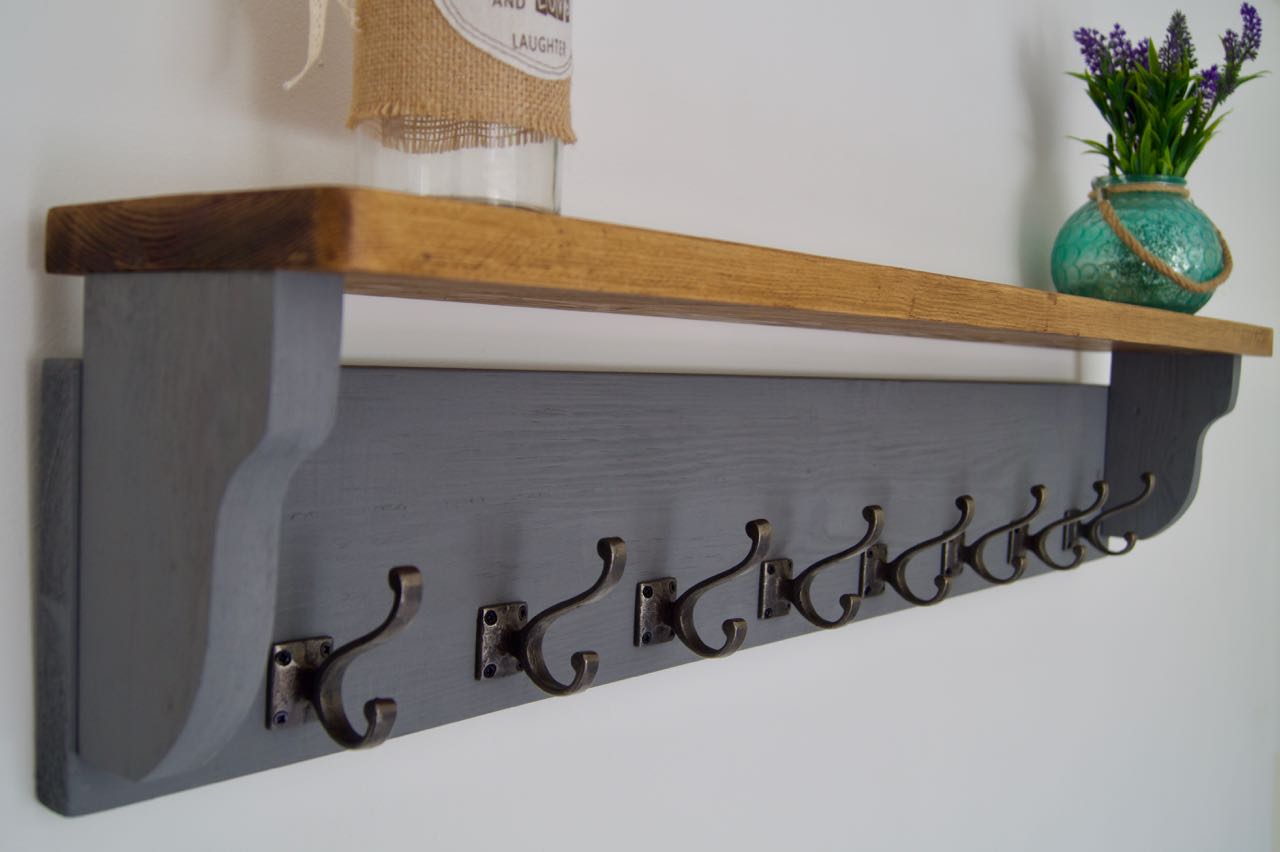 Slate Grey Farmhouse Style Hat / Coat Rack With Shelf & 6 Stylish Antique Cast Iron Hooks