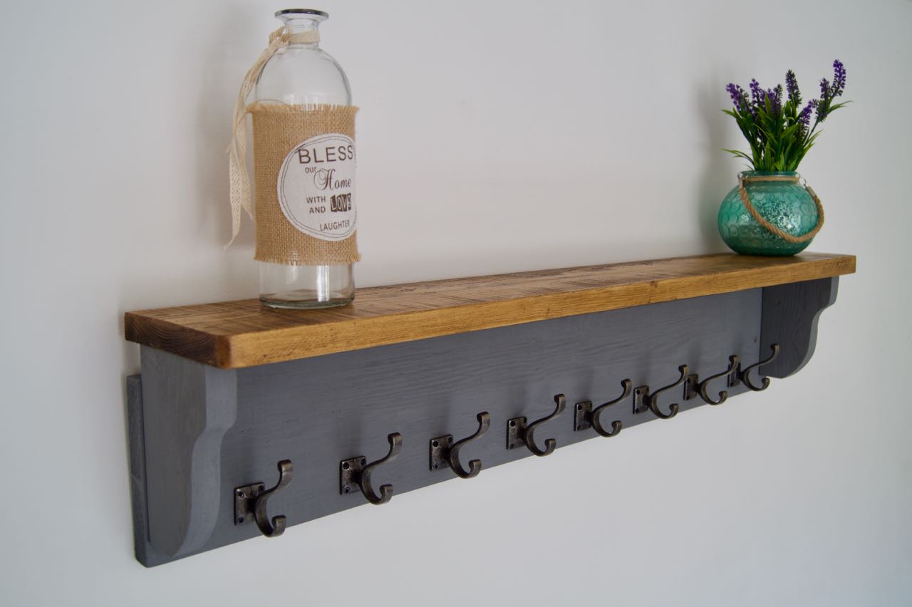 Slate Grey Farmhouse Style Hat / Coat Rack With Shelf & 6 Stylish Antique Cast Iron Hooks