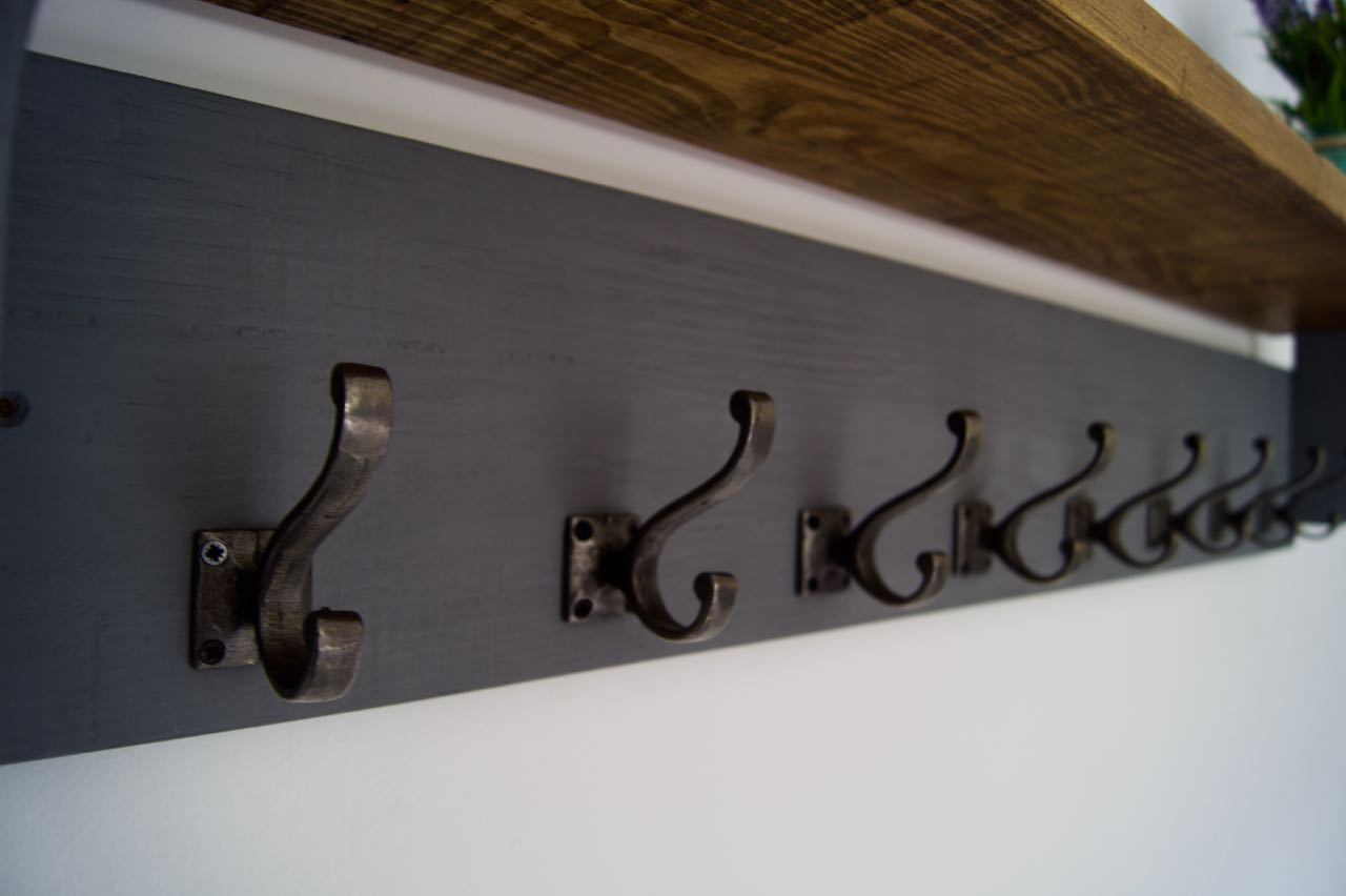 Slate Grey Farmhouse Style Hat / Coat Rack With Shelf & 6 Stylish Antique Cast Iron Hooks
