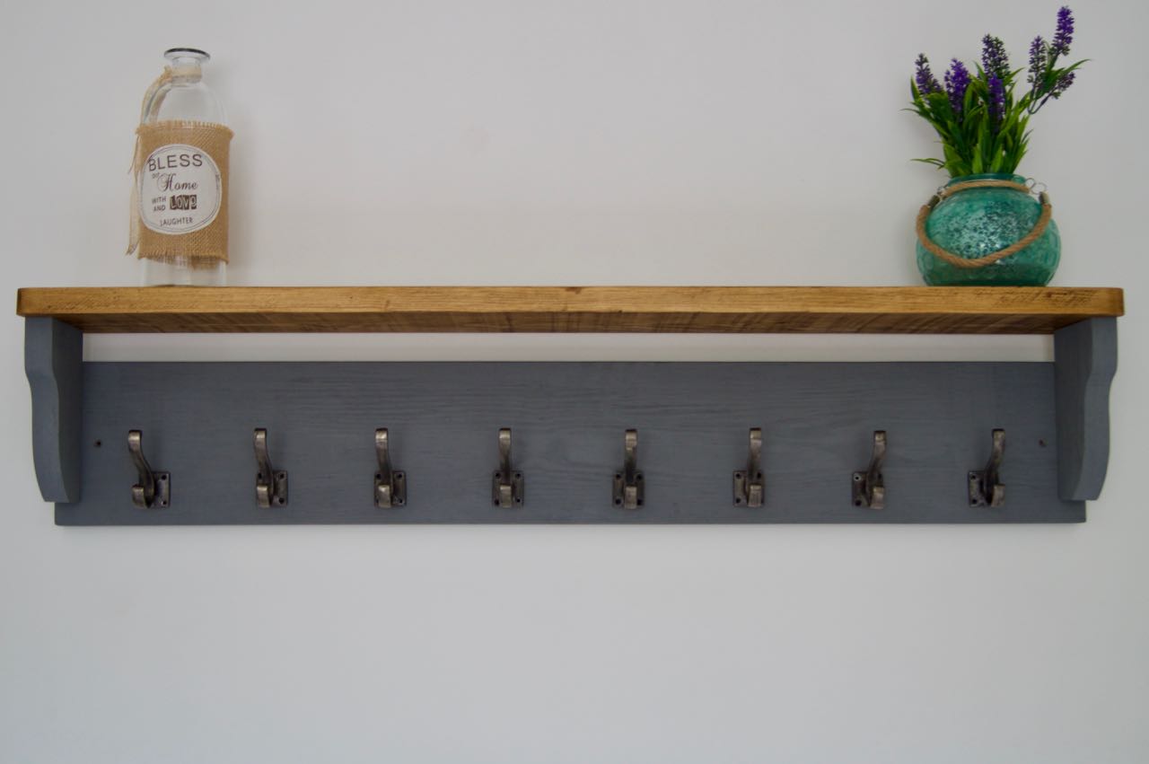 Slate Grey Farmhouse Style Hat / Coat Rack With Shelf & 6 Stylish Antique Cast Iron Hooks