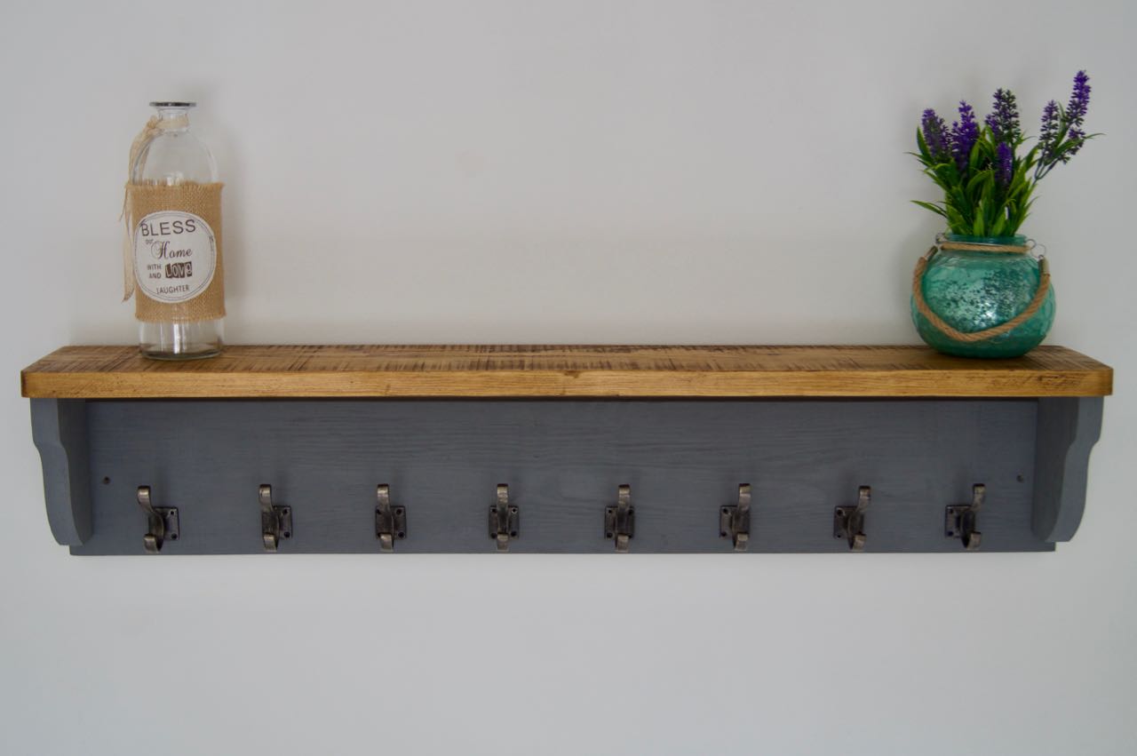 Slate Grey Farmhouse Style Hat / Coat Rack With Shelf & 6 Stylish Antique Cast Iron Hooks