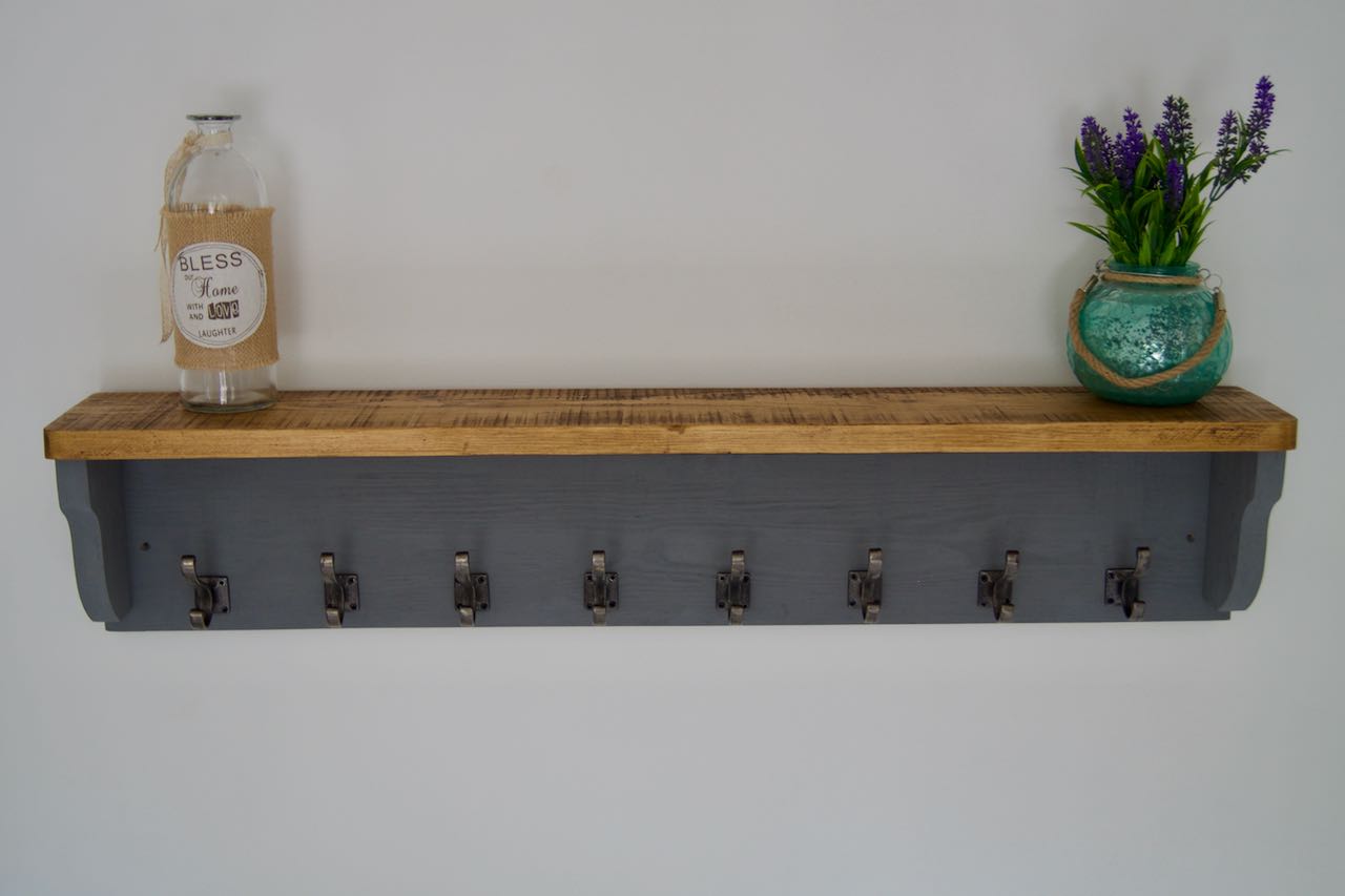 Slate Grey Farmhouse Style Hat / Coat Rack With Shelf & 6 Stylish Antique Cast Iron Hooks