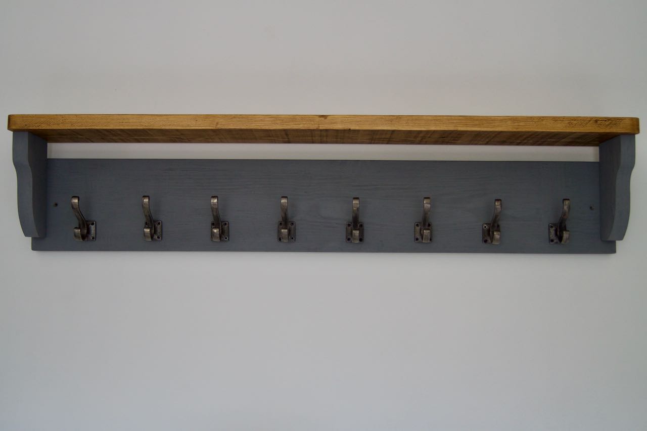 Slate Grey Farmhouse Style Hat / Coat Rack With Shelf & 6 Stylish Antique Cast Iron Hooks