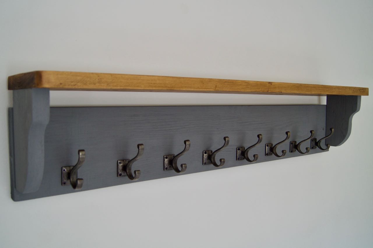 Slate Grey Farmhouse Style Hat / Coat Rack With Shelf & 6 Stylish Antique Cast Iron Hooks