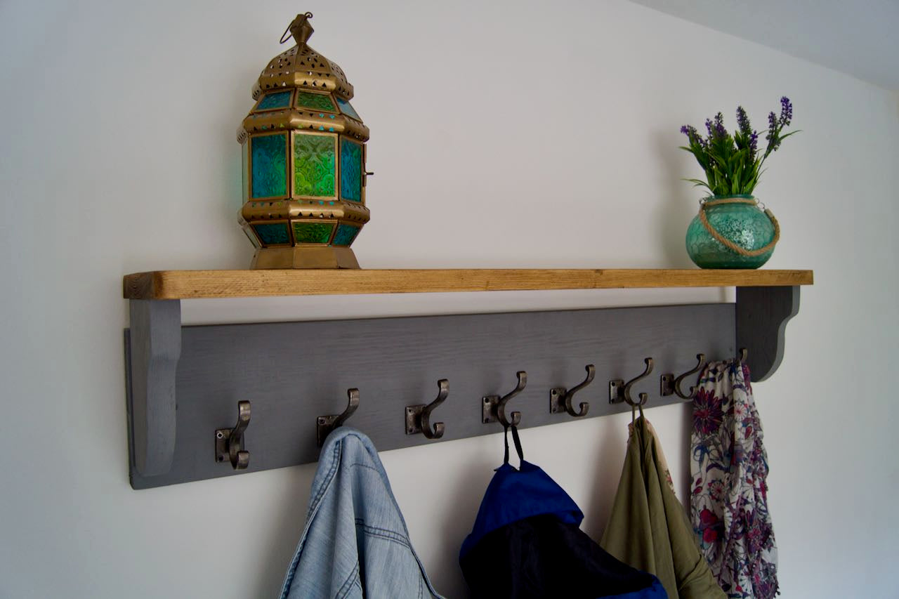 Slate Grey Farmhouse Style Hat / Coat Rack With Shelf & 6 Stylish Antique Cast Iron Hooks