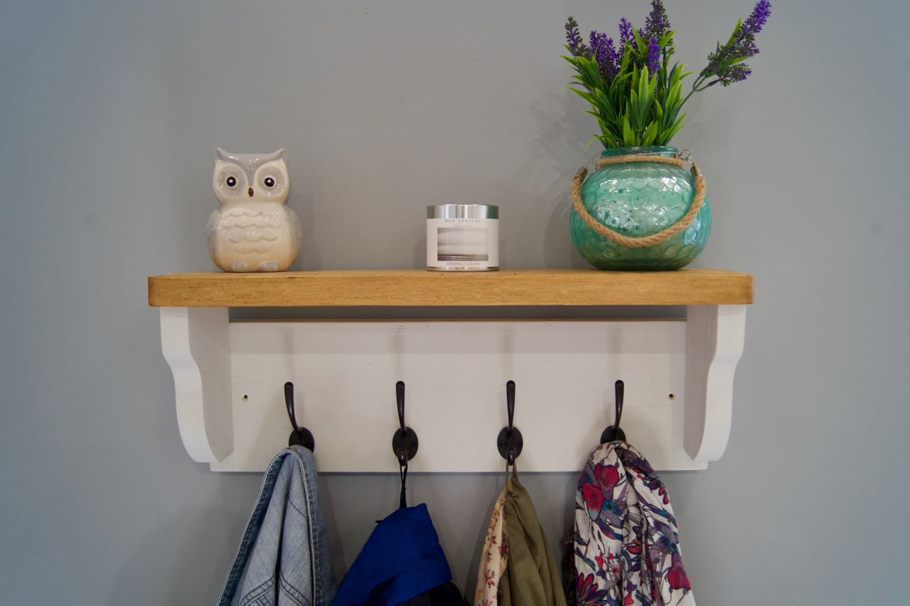 Old White Farmhouse Style Hat / Coat Rack With Shelf & 4 Cast Iron Hooks