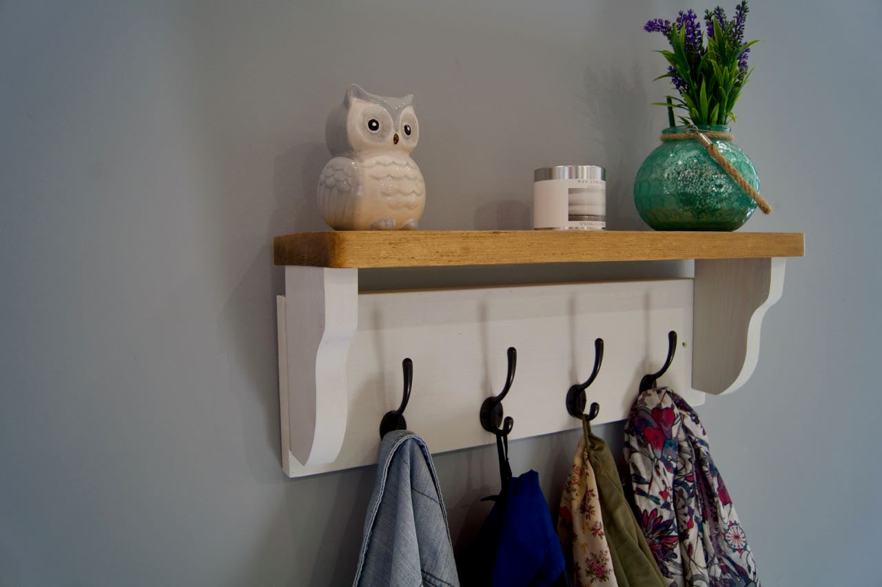 Old White Farmhouse Style Hat / Coat Rack With Shelf & 4 Cast Iron Hooks