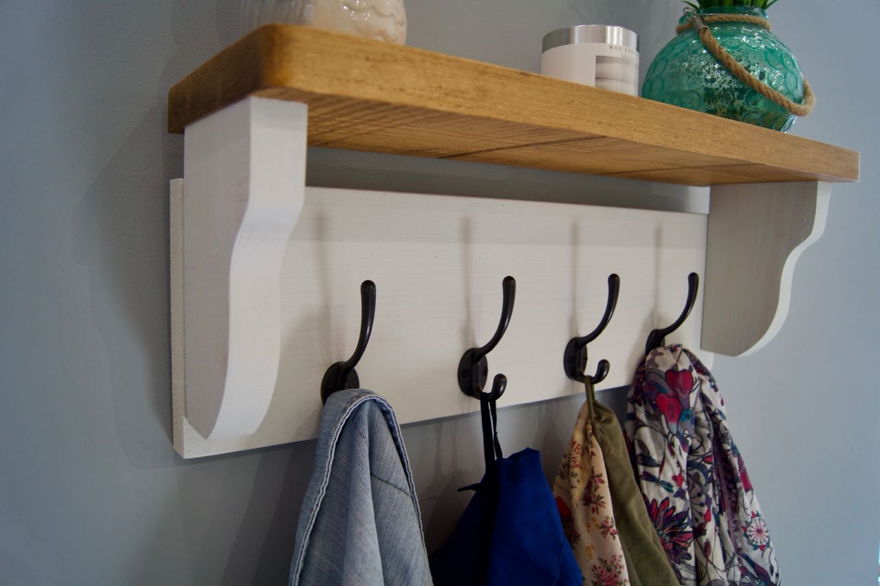 Old White Farmhouse Style Hat / Coat Rack With Shelf & 4 Cast Iron Hooks