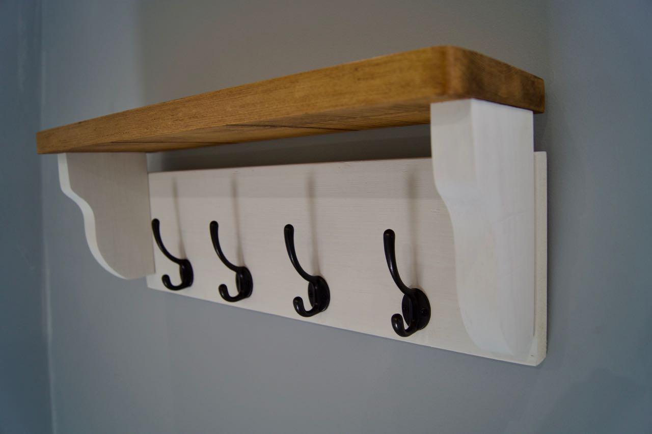 Old White Farmhouse Style Hat / Coat Rack With Shelf & 4 Cast Iron Hooks