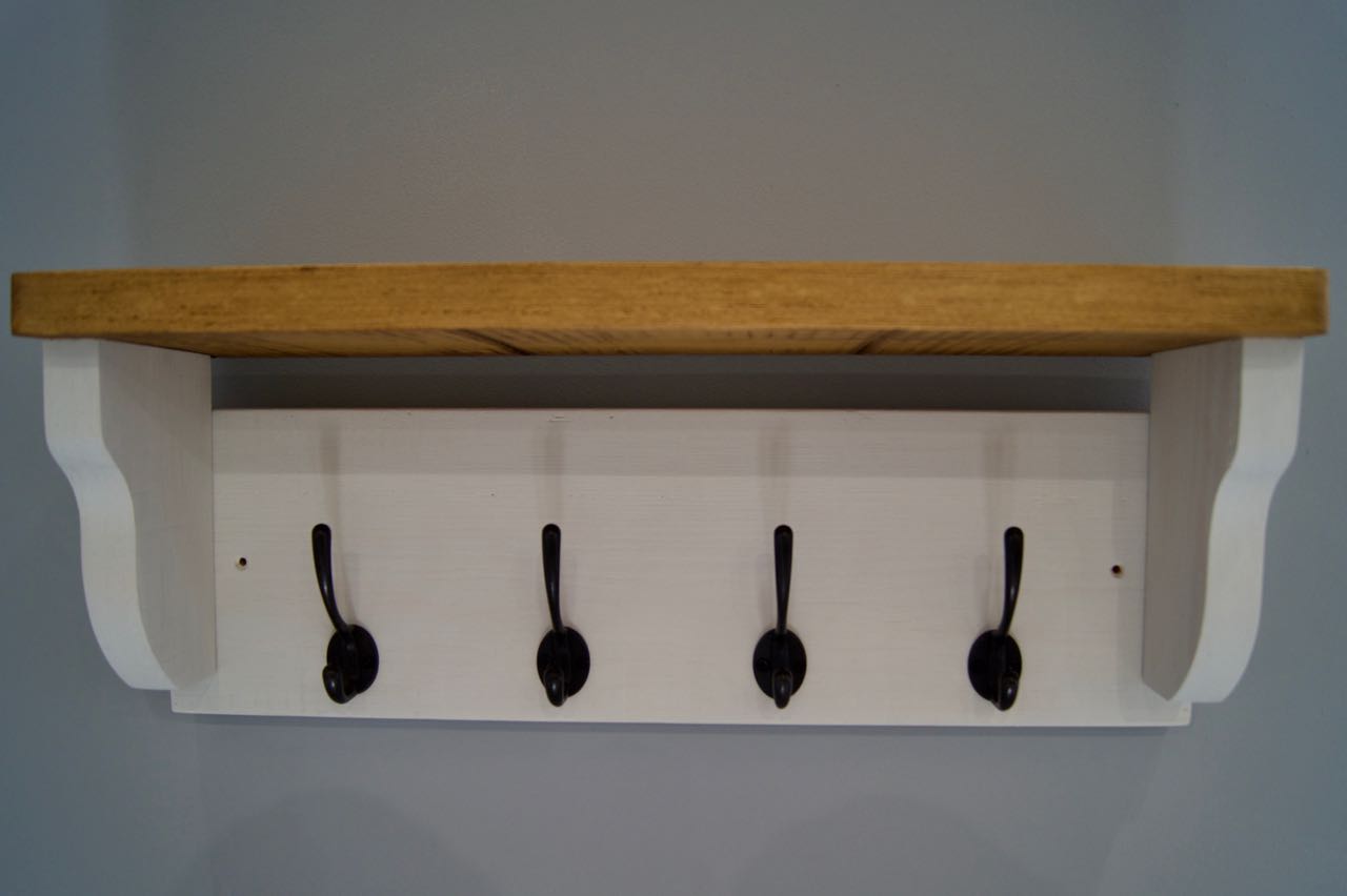 Old White Farmhouse Style Hat / Coat Rack With Shelf & 4 Cast Iron Hooks