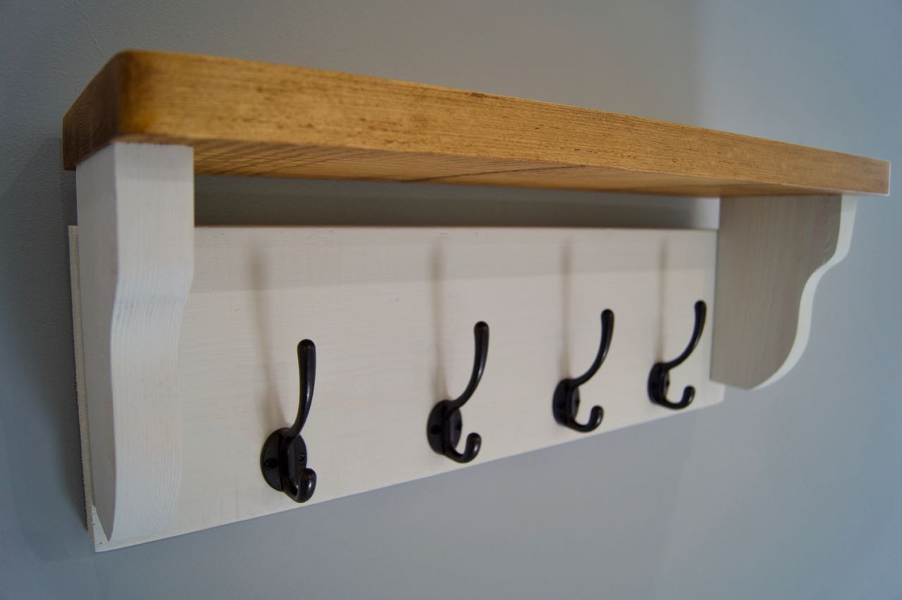 Old White Farmhouse Style Hat / Coat Rack With Shelf & 4 Cast Iron Hooks