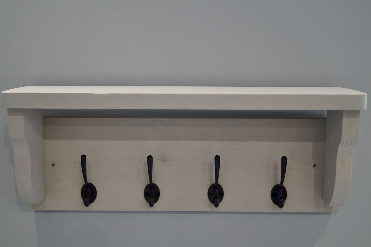 Paris Grey Rustic Hat / Coat Rack With Shelf & 4 Cast Iron Hooks