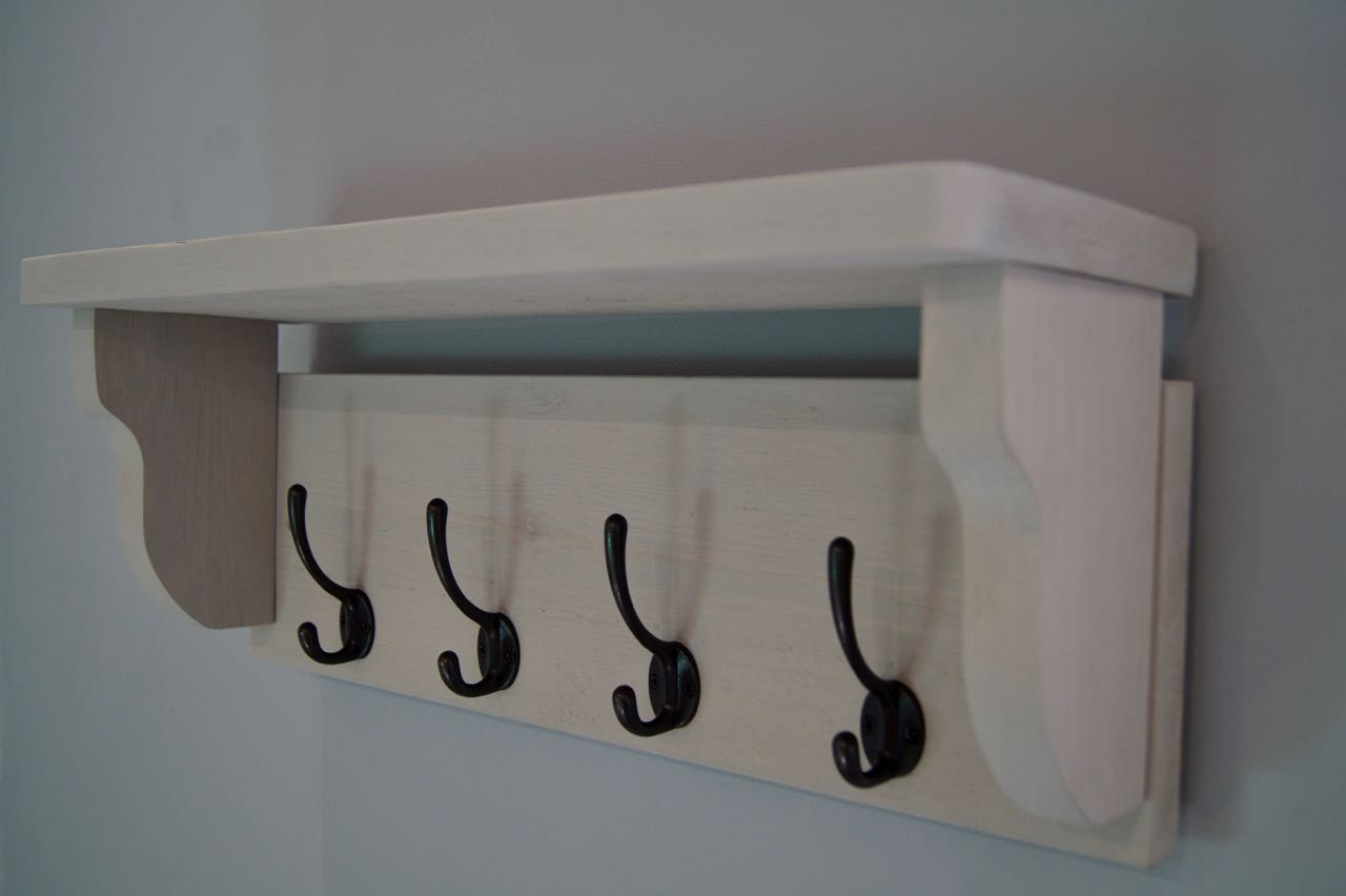 Paris Grey Rustic Hat / Coat Rack With Shelf & 4 Cast Iron Hooks