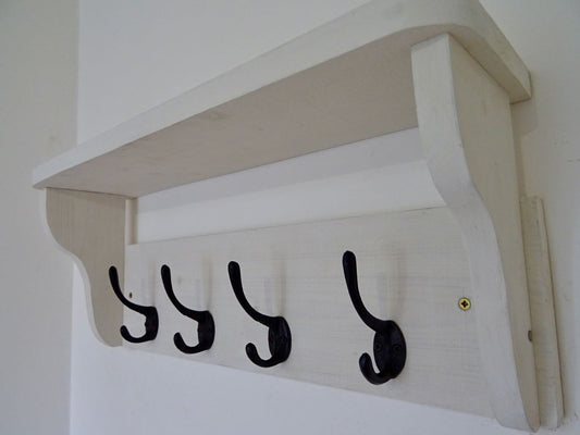 Rustic Hat / Coat Rack Complete With Shelf and 4 Cast Iron Hooks