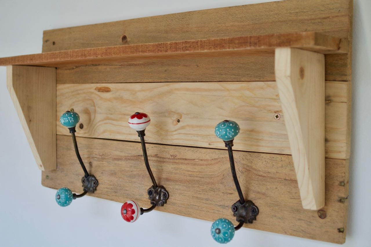 Reclaimed Pallet Shabby Chic Natural Coat Rack With Shelf