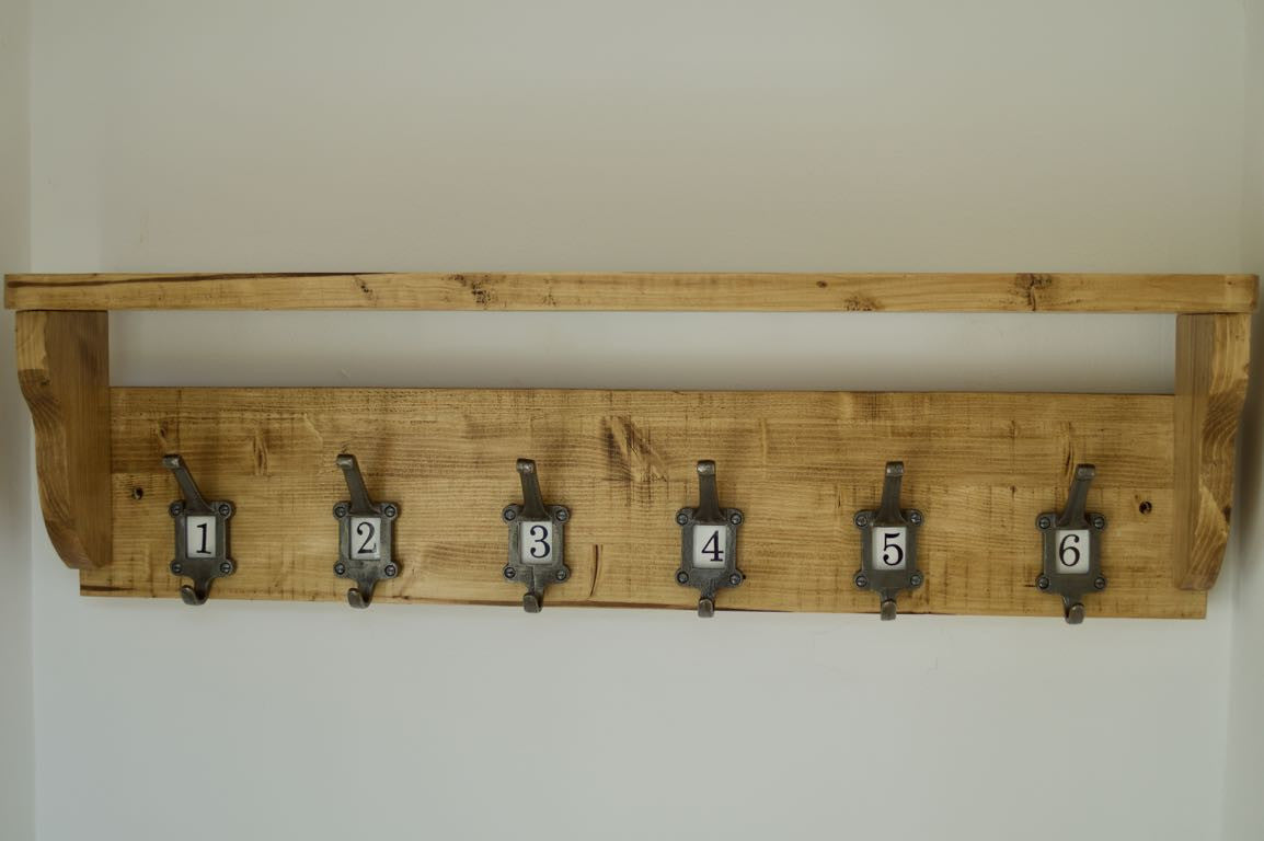 Vintage School Style Coat / Hat Rack With Shelf & 6 Cast Iron Numbered Ceramic Hooks