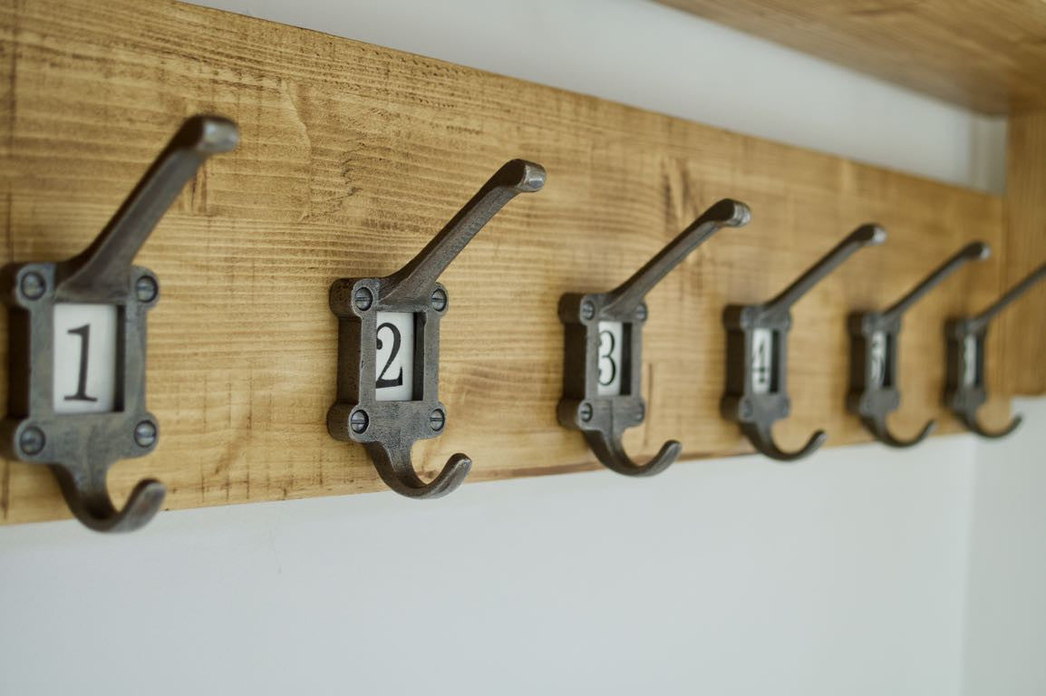 Vintage School Style Coat / Hat Rack With Shelf & 6 Cast Iron Numbered Ceramic Hooks