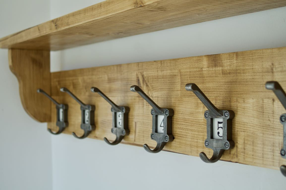 Vintage School Style Coat / Hat Rack With Shelf & 6 Cast Iron Numbered Ceramic Hooks
