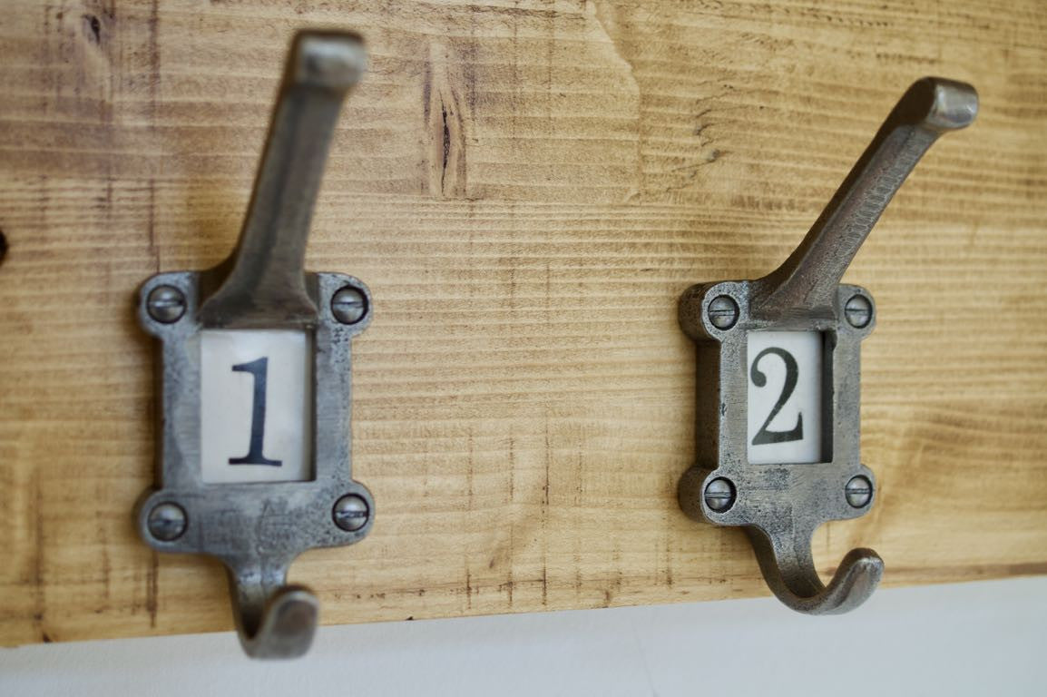 Vintage School Style Coat / Hat Rack With Shelf & 6 Cast Iron Numbered Ceramic Hooks