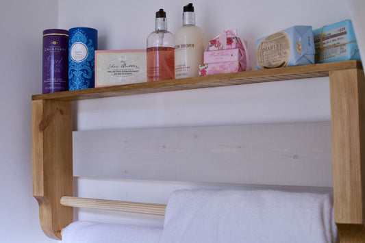 Rustic Wooden Towel Rail With Shelf & Annie Sloan Back