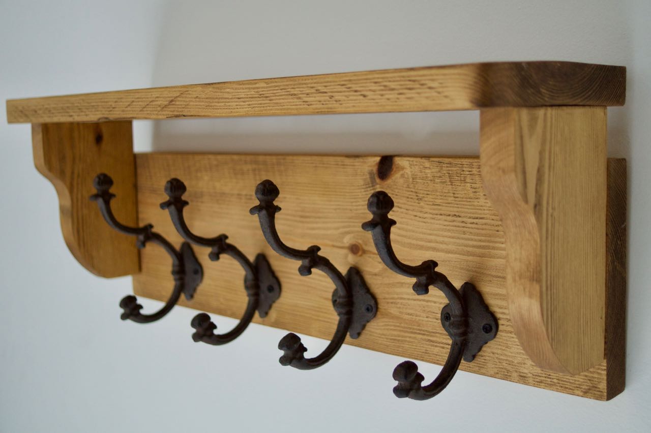 Handmade Farmhouse Style Heavy Rustic Hat/Coat Rack With Shelf And 4 Cast Iron Hooks